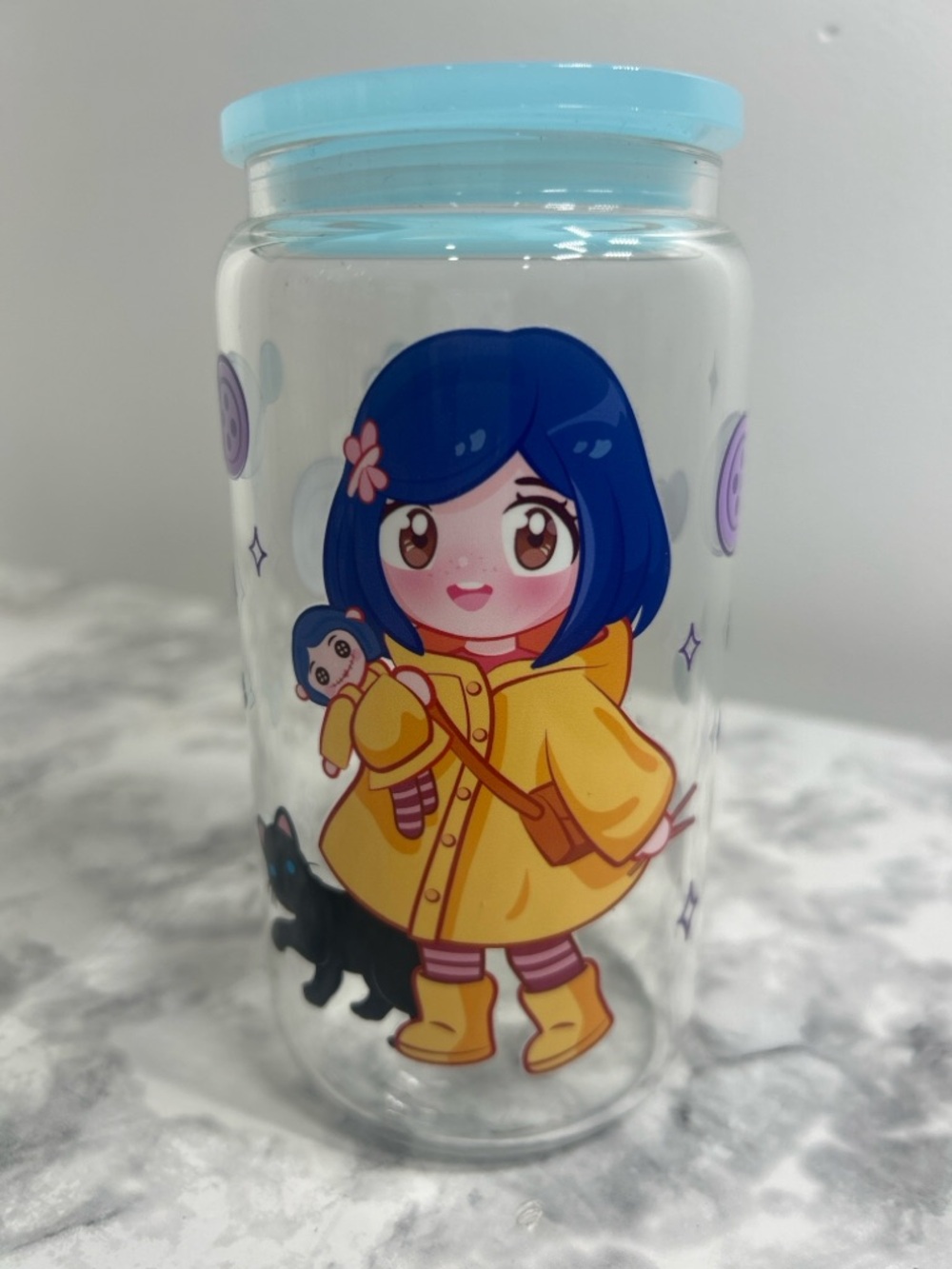Coraline Kawaii 16oz Glass Cup w/ Lid Cute Goth Aesthetic Cartoon Tumbler
